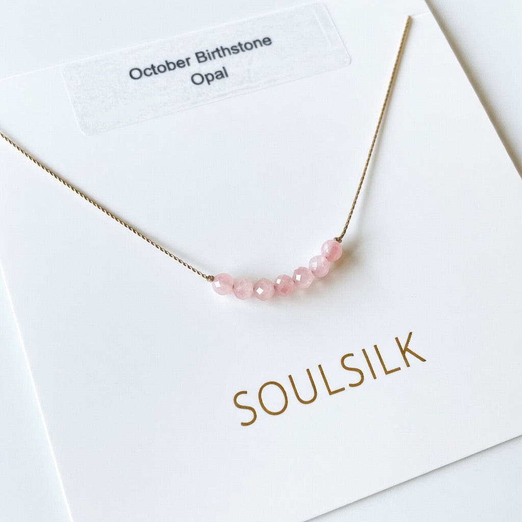 October Birthstone Necklace, Pink Opal Beaded Necklace, Dainty Gemstone Necklace