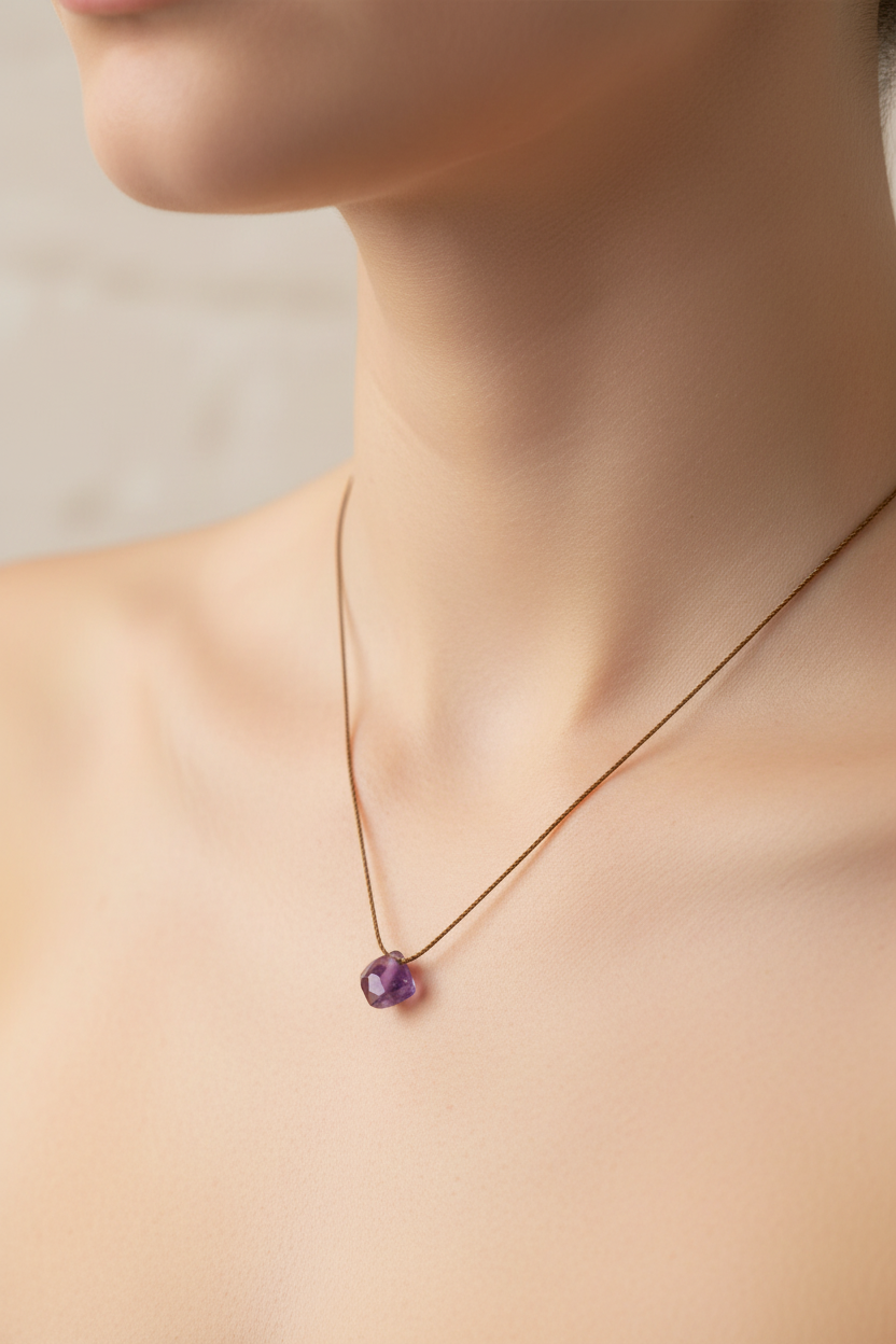 Amethyst necklace on model with smaller stone