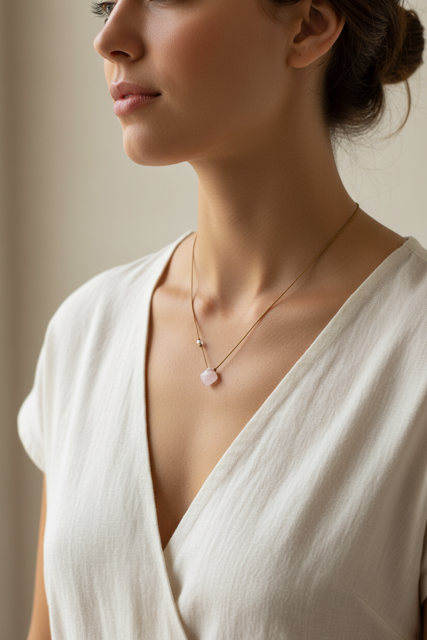 Rose quartz necklace on model