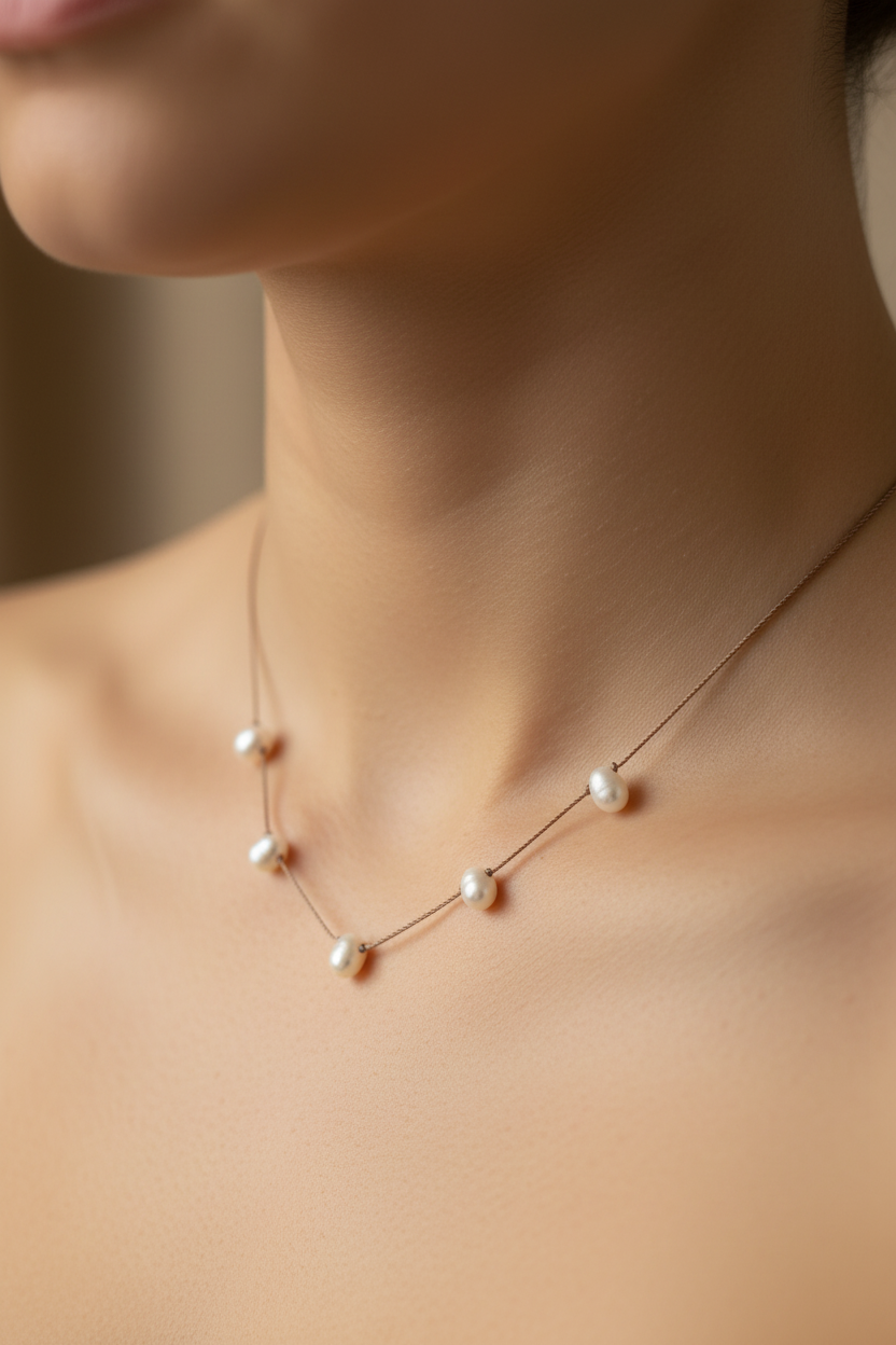 5 Stone Freshwater Pearl Necklace on Model