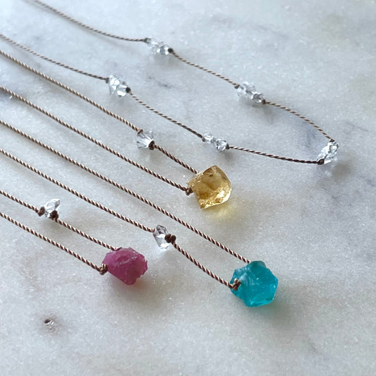 Raw Pink Tourmaline with Herkimer Diamond Necklace- Protection and Healing Intention Necklace, October Birthstone Necklace, Rough Gemstone Neckalce