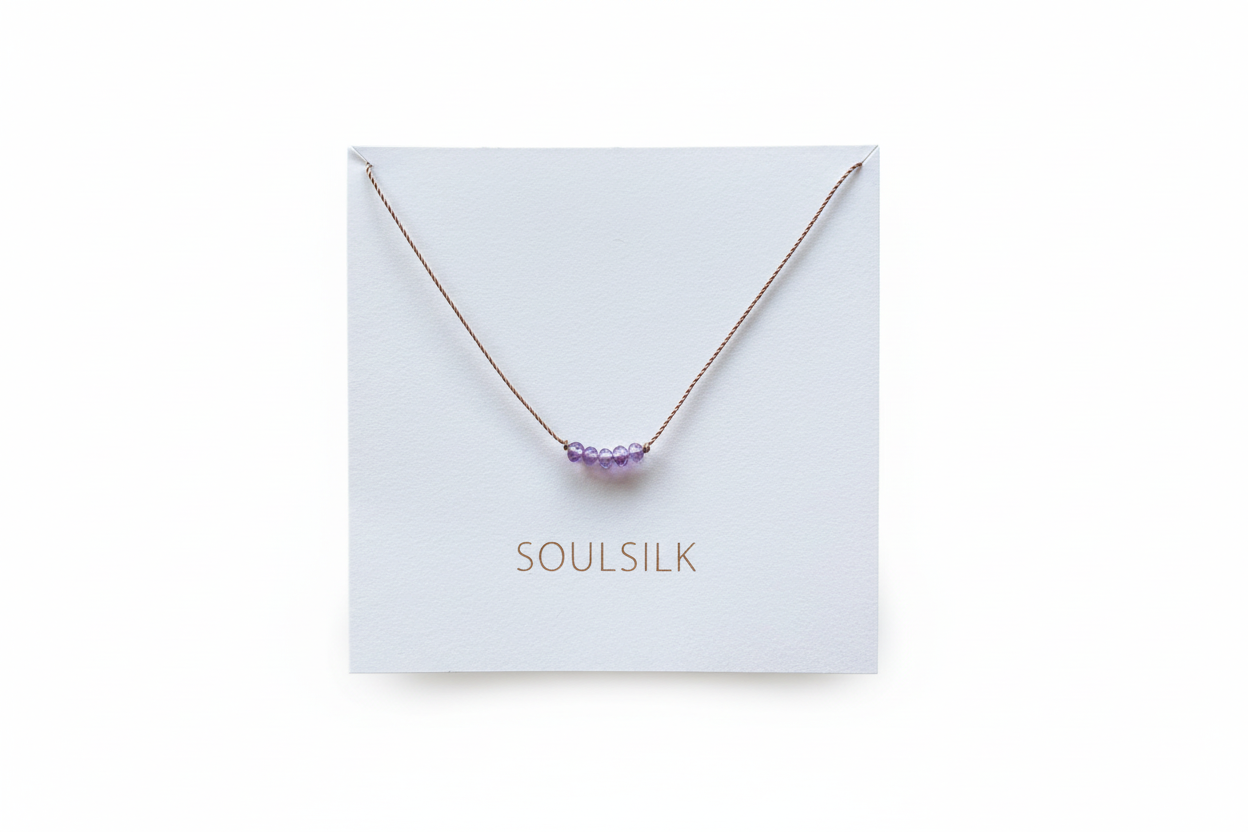 Amethyst necklace on Soulsilk card with white background
