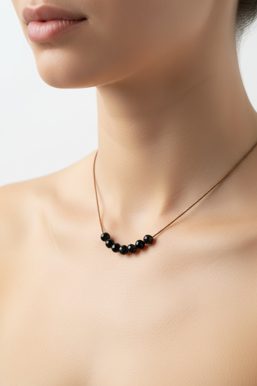 Black Quartz Necklace on Model Neck