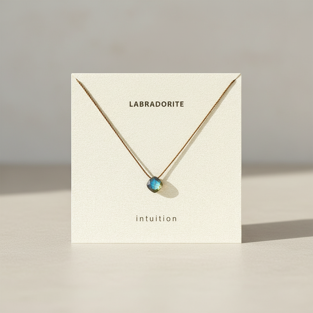 Labradorite necklace on card with neutral background