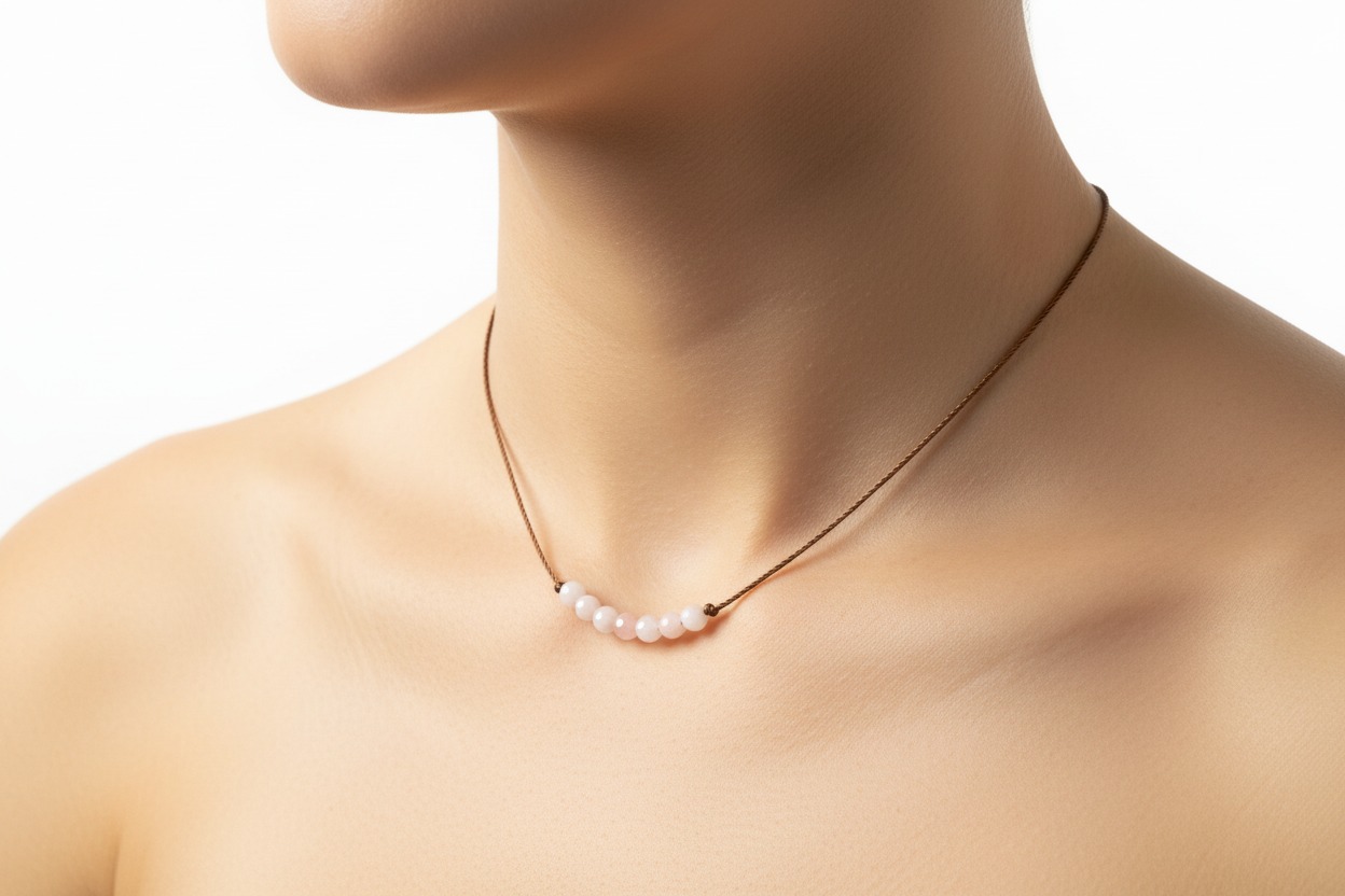 Opal necklace on model's neck