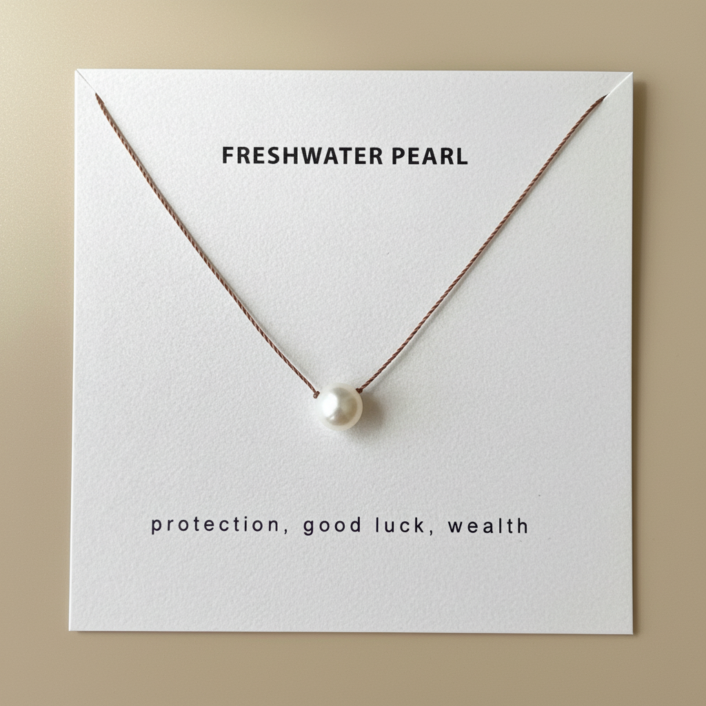 Pearl necklace on card with neutral background