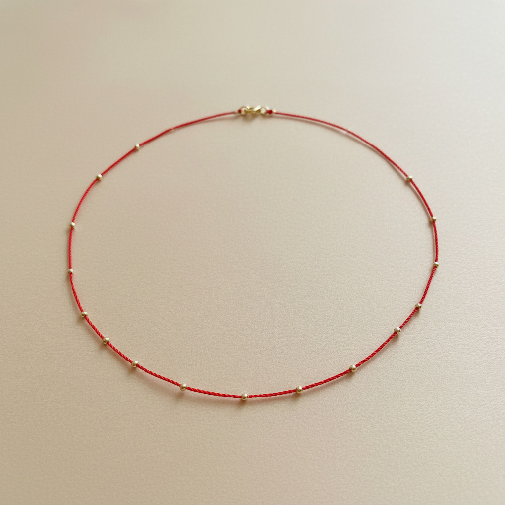 Red cord necklace circular on neutral background