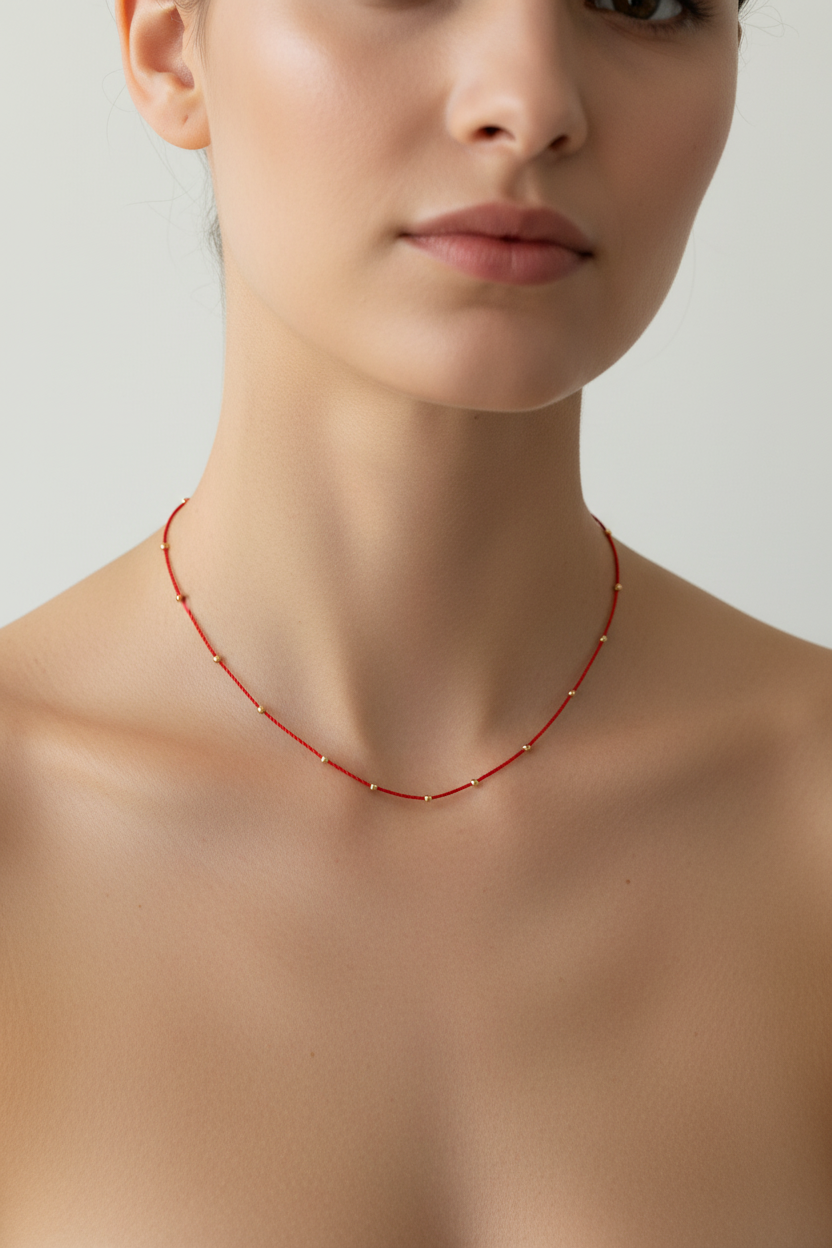 Red cord necklace on model